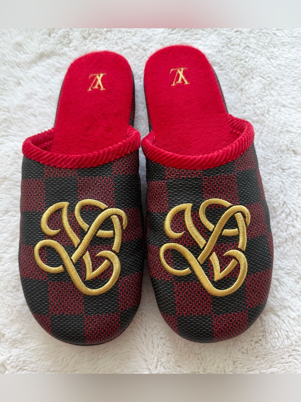 NEW! LOUIS VUITTON Palace Line  Slippers Red Gold Black Damier Size 10 UK/11 UK